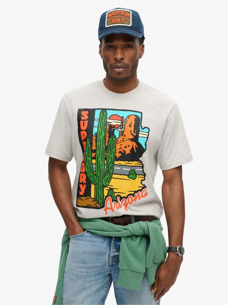Superdry Glacier Grey Marl 100% Cotton Travel Postcard Graphic T-Shirt - Image 1 of 7