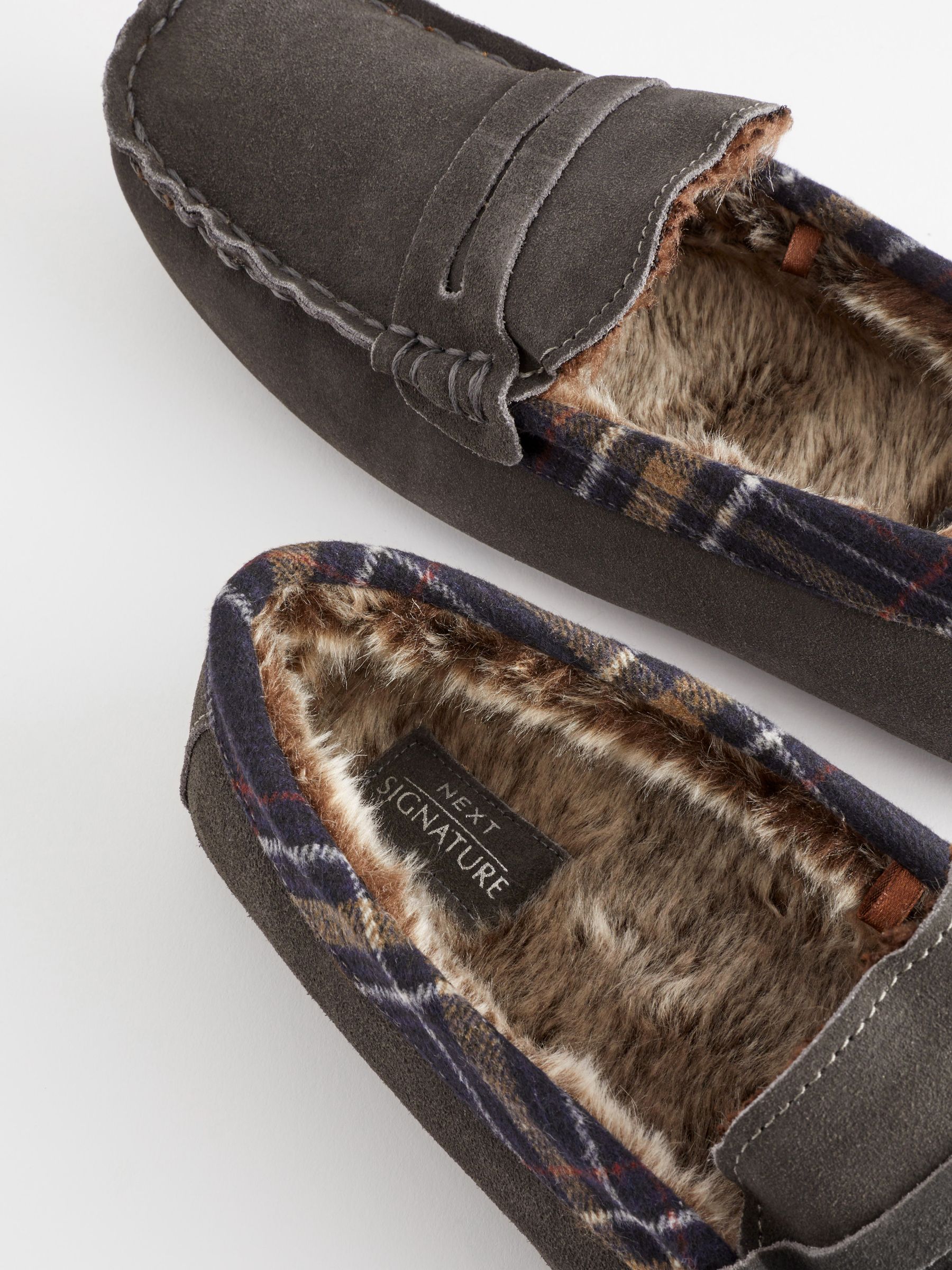 Buy Grey Luxury Signature Suede Moccasin Slippers from Next Luxembourg