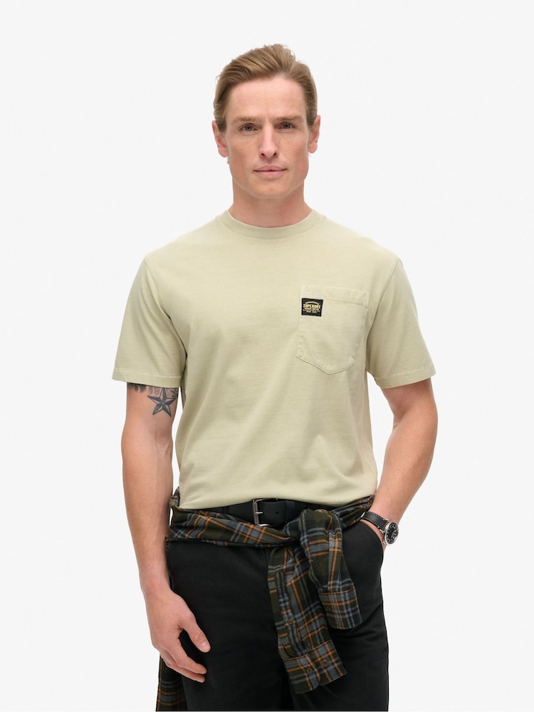 Superdry Washed Beige 100% Cotton Contrast Stitch Pocket T-Shirt - Image 1 of 5