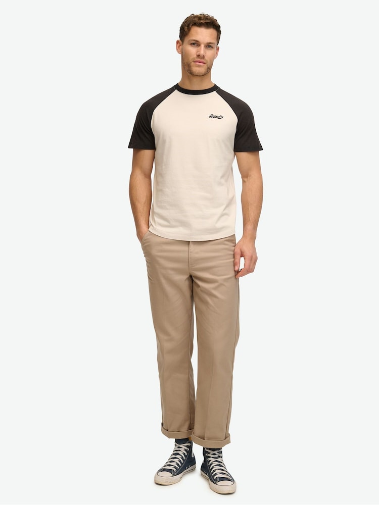 Superdry White Sand Black Essential Logo 100% Cotton Baseball T-Shirt - Image 3 of 5