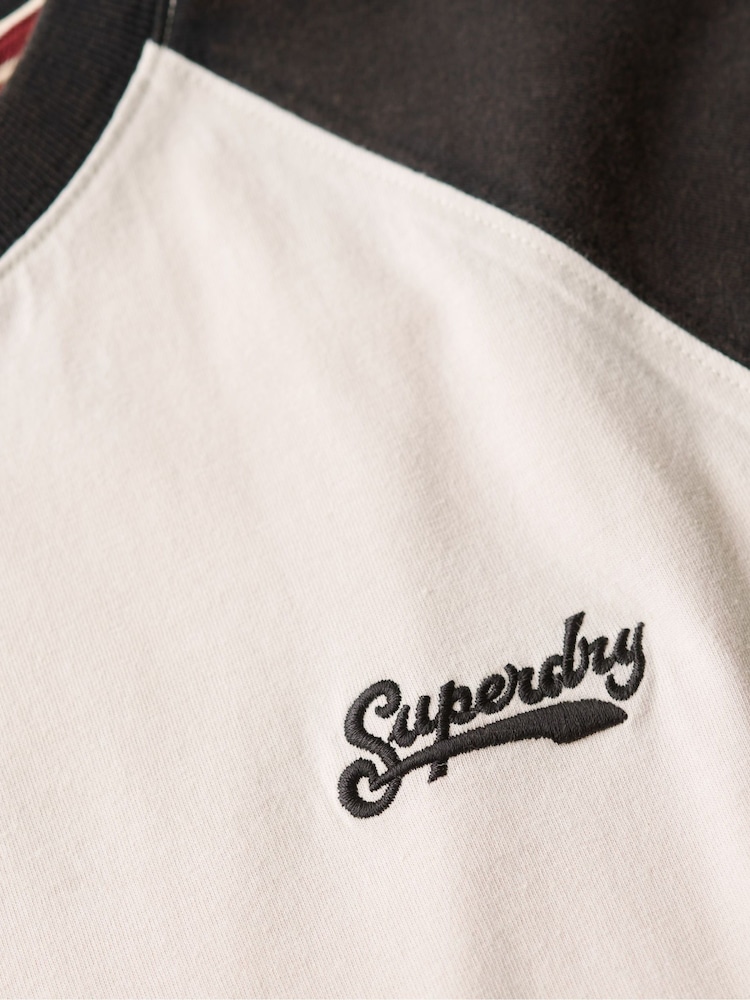 Superdry White Sand Black Essential Logo 100% Cotton Baseball T-Shirt - Image 5 of 5