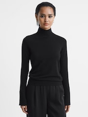 Reiss Black Kylie Merino Wool Fitted Funnel Neck Top - Image 1 of 5