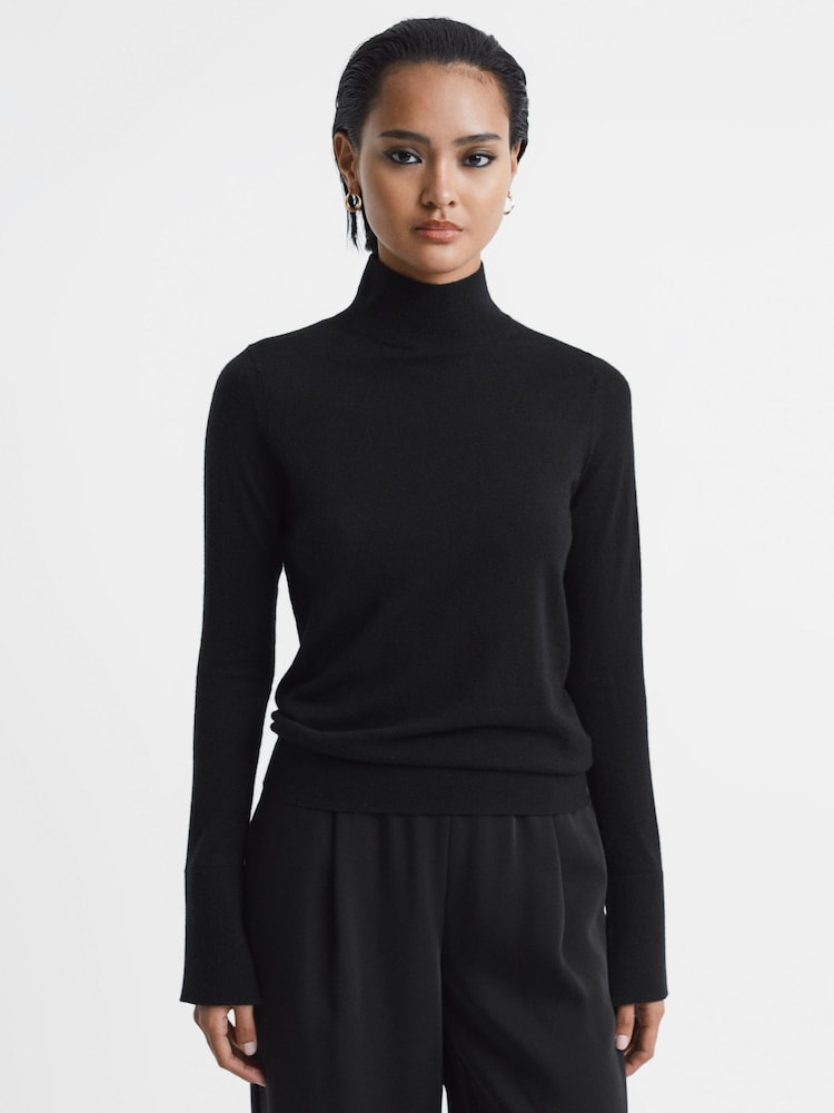 Reiss Black Kylie Merino Wool Fitted Funnel Neck Top - Image 1 of 5