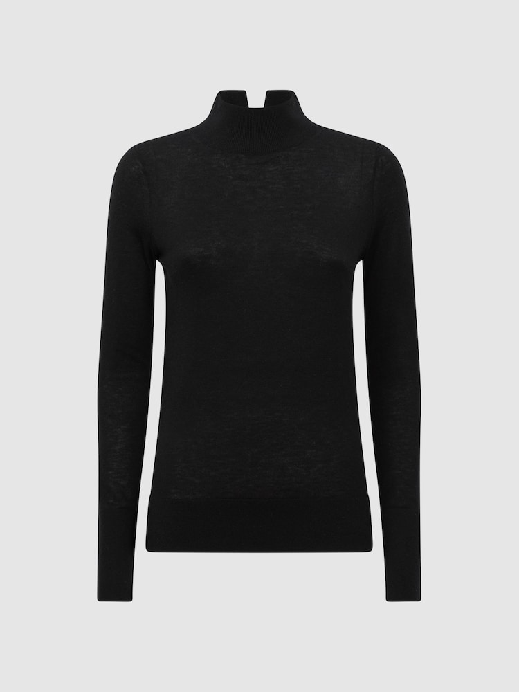 Reiss Black Kylie Merino Wool Fitted Funnel Neck Top - Image 2 of 5