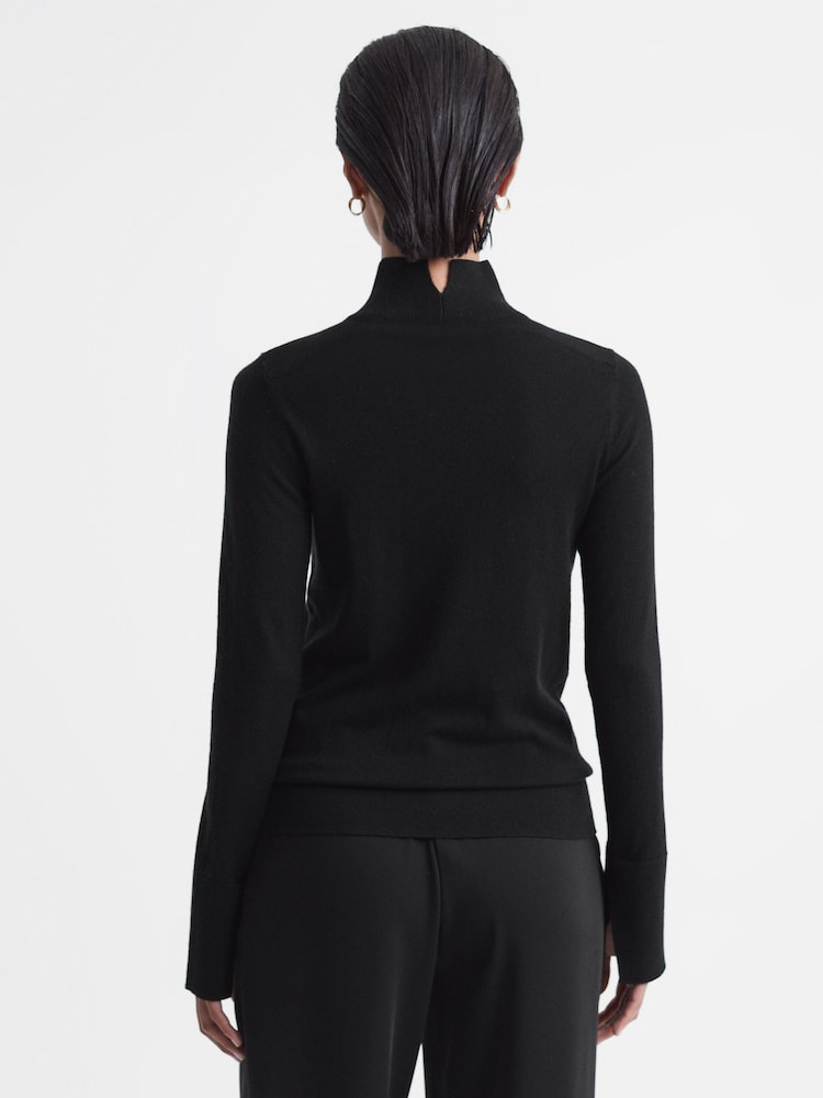 Reiss Black Kylie Merino Wool Fitted Funnel Neck Top - Image 5 of 5