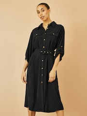 Yumi Black Stretch Midi Shirt Dress - Image 1 of 4