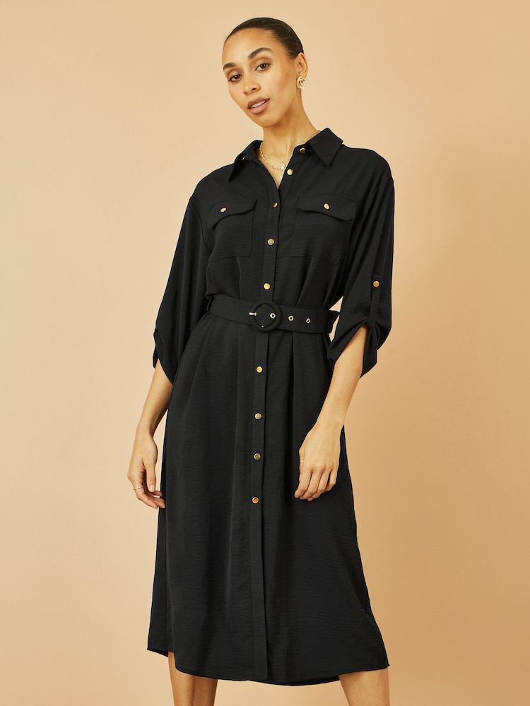 Yumi Black Stretch Midi Shirt Dress - Image 1 of 4 Yumi Black Stretch Midi Shirt Dress - Image 1 of 4