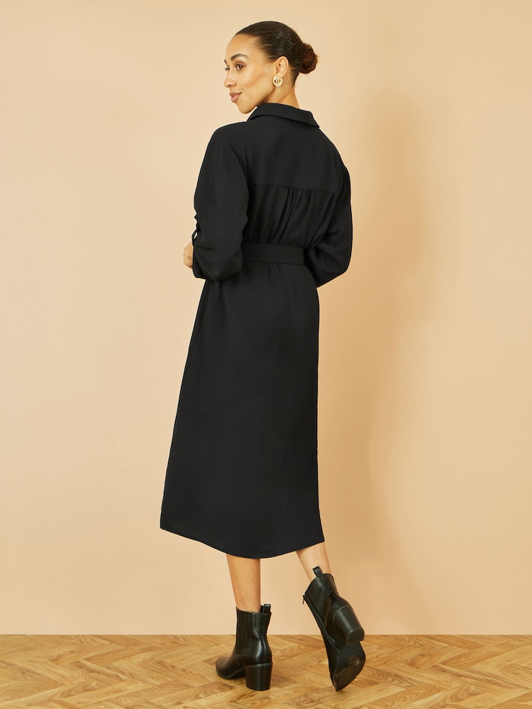 Yumi Black Stretch Midi Shirt Dress - Image 2 of 4 Yumi Black Stretch Midi Shirt Dress - Image 2 of 4