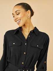 Yumi Black Stretch Midi Shirt Dress - Image 3 of 4