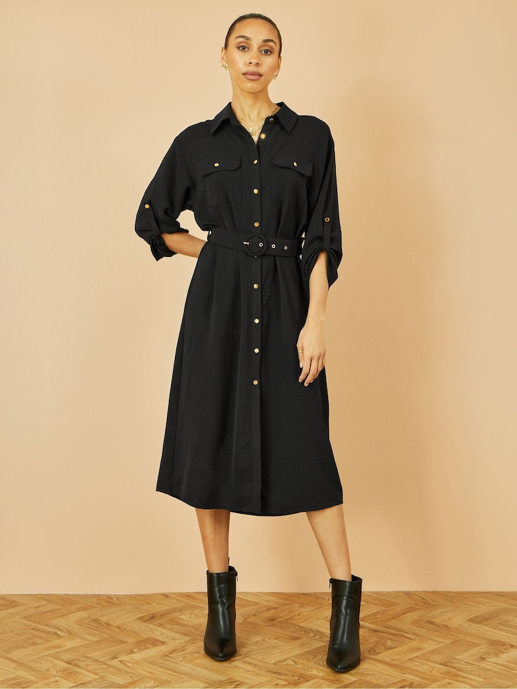 Yumi Black Stretch Midi Shirt Dress - Image 4 of 4 Yumi Black Stretch Midi Shirt Dress - Image 4 of 4