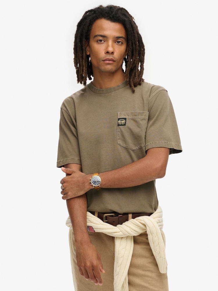 Superdry Washed Brown 100% Cotton Contrast Stitch Pocket T-Shirt - Image 1 of 5