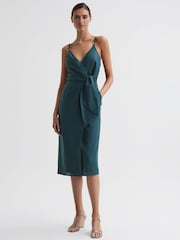Reiss Dark Teal Elsie Linen Side Tie Midi Dress - Image 1 of 4