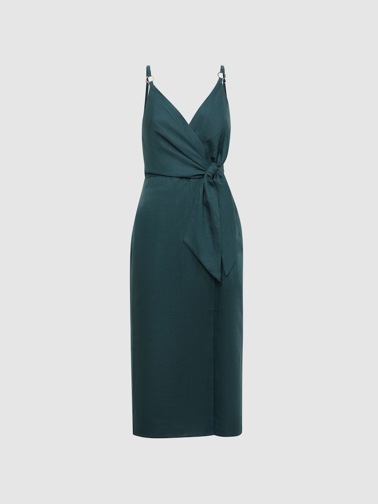 Reiss Dark Teal Elsie Linen Side Tie Midi Dress - Image 2 of 4