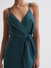 Reiss Dark Teal Elsie Linen Side Tie Midi Dress - Image 3 of 4