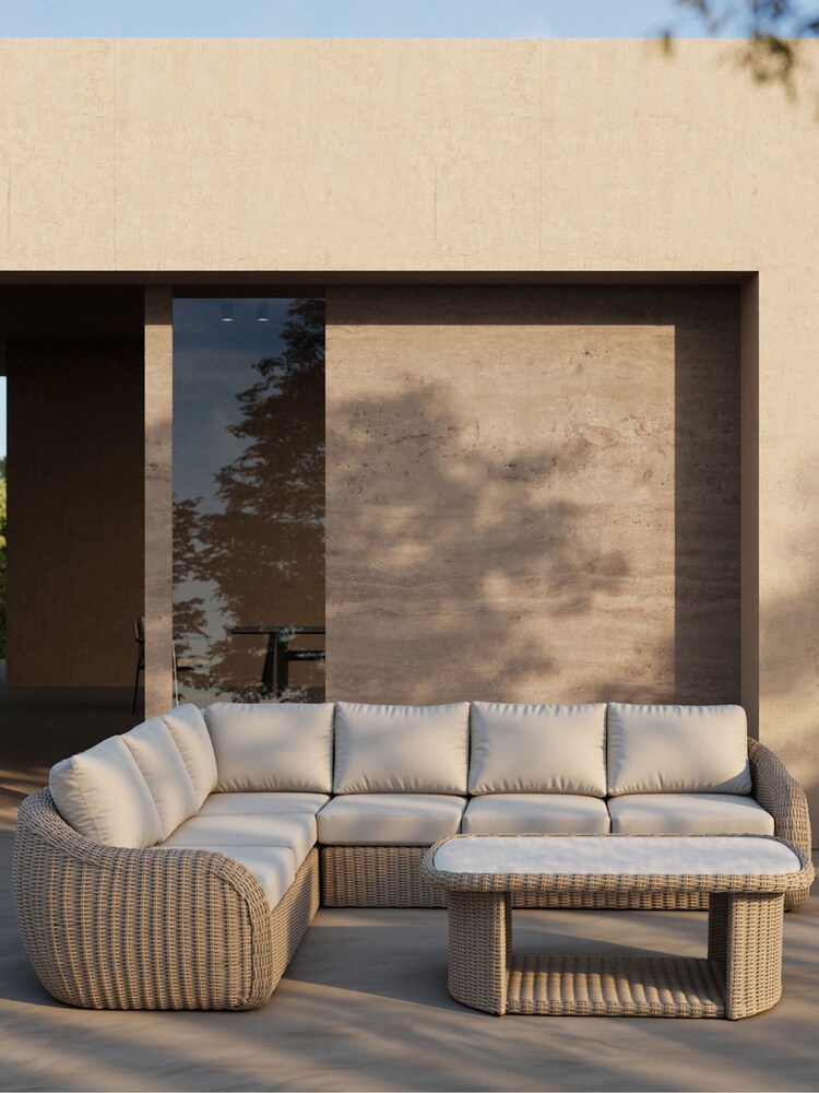 Royalcraft Beige BORA 4 Seater Garden Rattan Lounging Set with Coffee Table - Image 1 of 7 Royalcraft Beige BORA 4 Seater Garden Rattan Lounging Set with Coffee Table - Image 1 of 7
