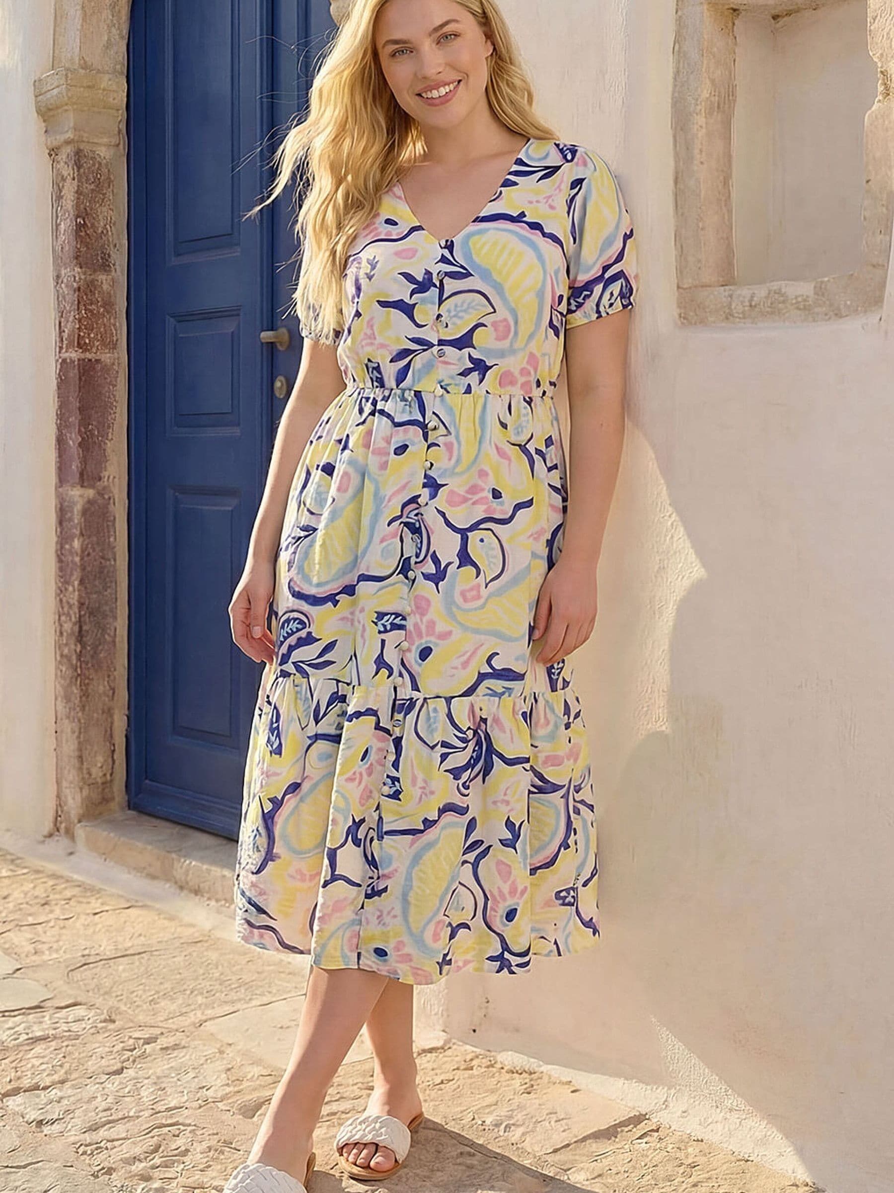 Roman Women's Yellow Curve Abstract Print Button Dress