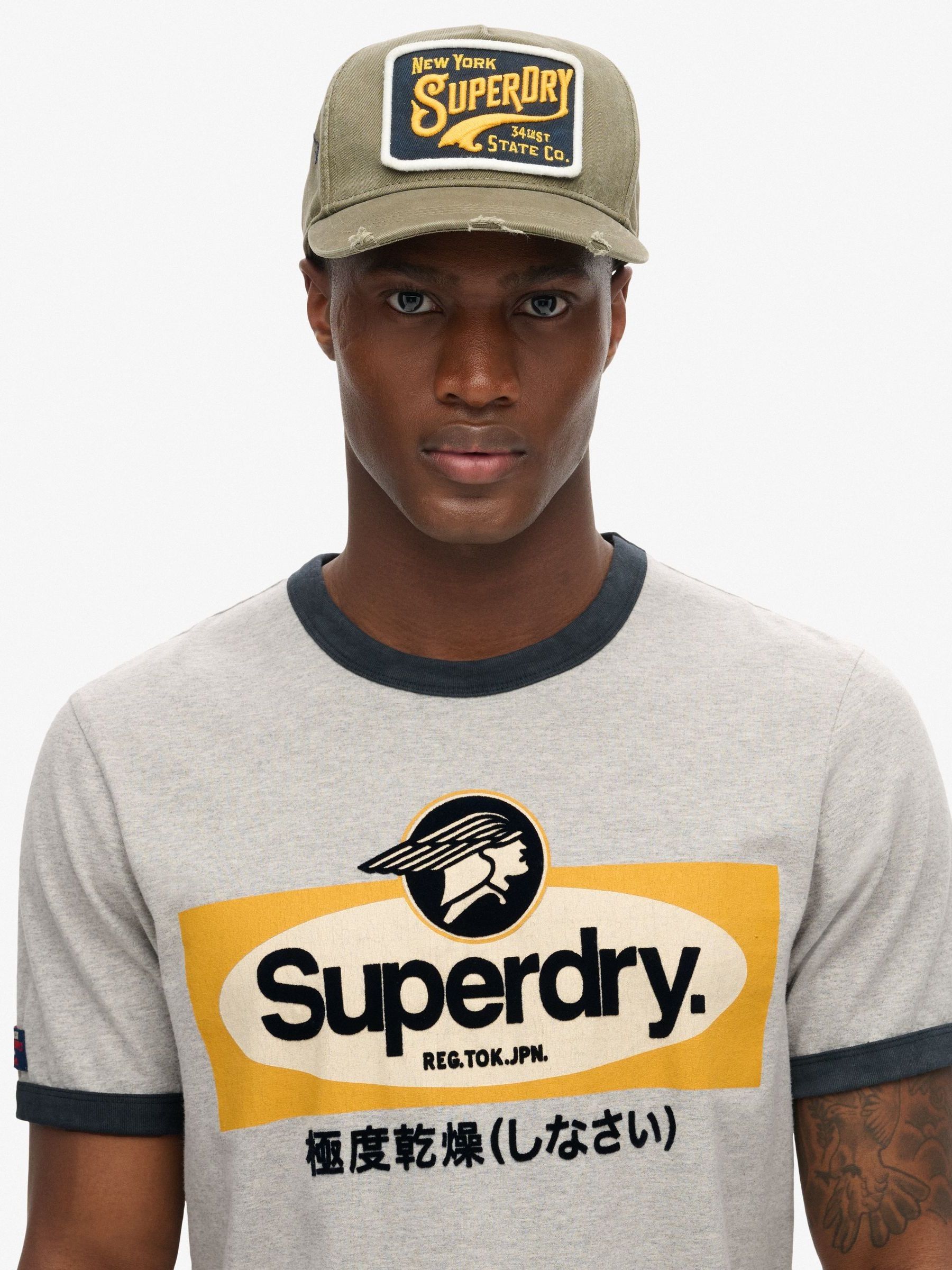 SUPERDRY Workwear Script Graphic T-Shirt in Dark Slate Grey Slub | endource