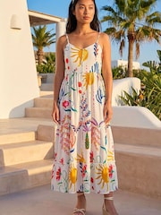 Roman White Petite Print Strappy Button Midi Dress - Image 1 of 2