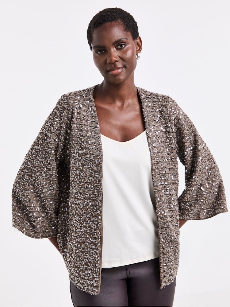 JD Williams Brown Sequin Kimono Sleeve Cardigan - Image 1 of 4 JD Williams Brown Sequin Kimono Sleeve Cardigan - Image 1 of 4
