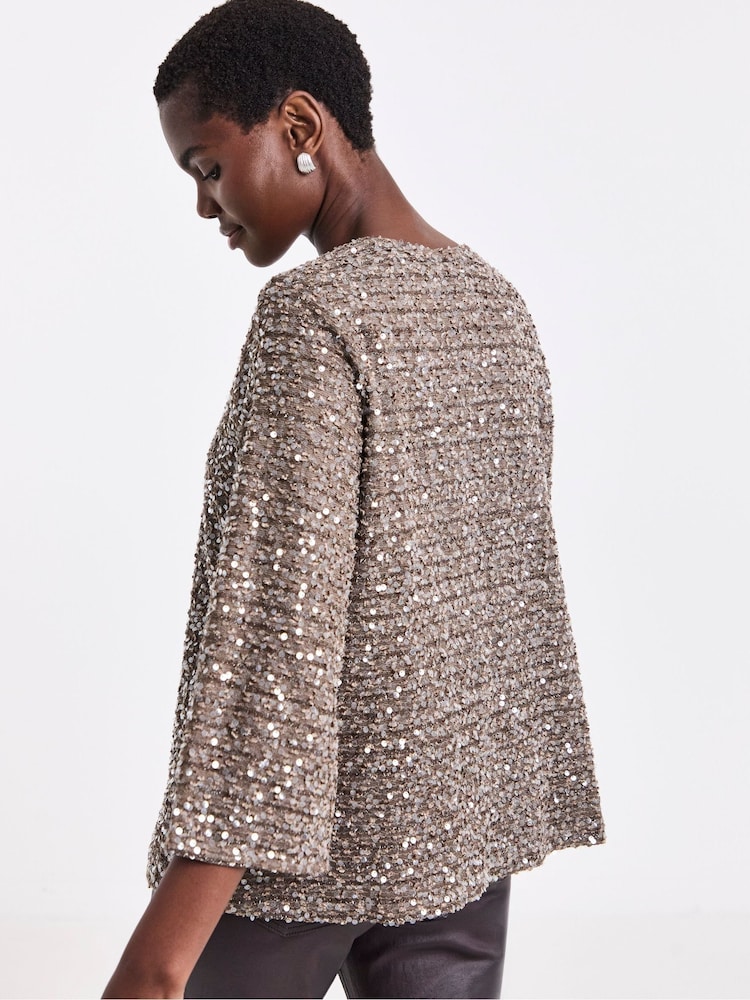 JD Williams Brown Sequin Kimono Sleeve Cardigan - Image 2 of 4 JD Williams Brown Sequin Kimono Sleeve Cardigan - Image 2 of 4