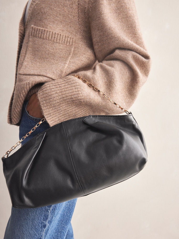 Schwarz - Plissierte Leder-Clutch mit Kette - Bild 2 von 8 Schwarz - Plissierte Leder-Clutch mit Kette - Bild 2 von 8