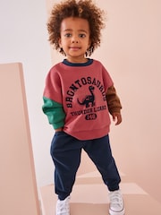 Red/Blue Dinosaur Printed Colourblock Sweatshirt and Joggers Set (3mths-7yrs) - Image 1 of 6