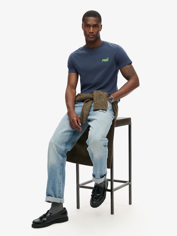 Superdry Navy Lime Essential Logo Embroidery T-Shirt - Image 2 of 5