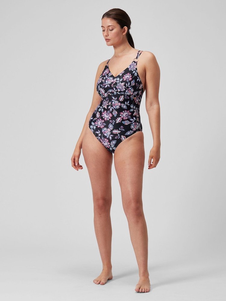 Speedo Black Printed Womens Shaping Strappy 1 Piece Swimsuit - Image 1 of 9