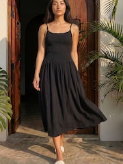 Roman Black Petite Shirred Bodice Midi Dress - Image 1 of 4