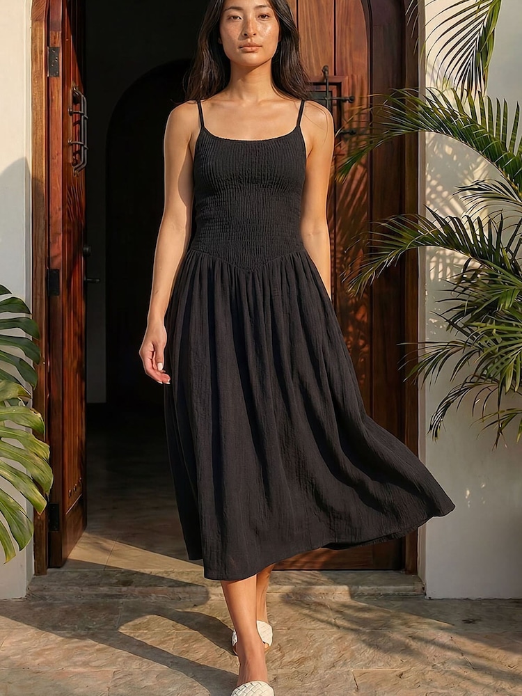 Roman Black Petite Shirred Bodice Midi Dress - Image 2 of 4