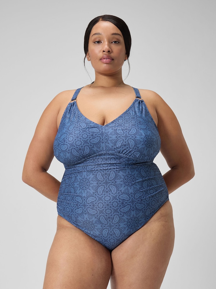 Speedo Blue Womens Shaping Printed V-Neck Swimsuit 1 Piece - Image 1 of 7