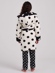 Loungeable White Polka Dot Contrast Cosy Borg Fleece Midi Hooded Dressing Gown - Image 2 of 5