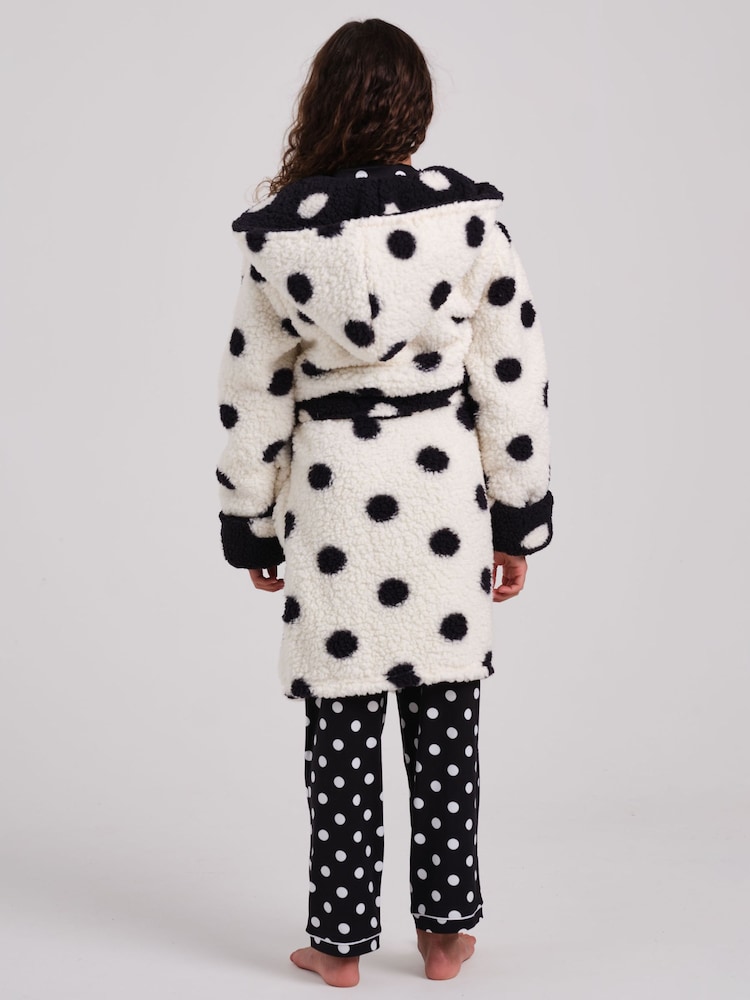 Loungeable White Polka Dot Contrast Cosy Borg Fleece Midi Hooded Dressing Gown - Image 2 of 5
