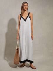 Reiss White/Navy Aida Linen Wide Leg Playsuit - Image 1 of 6