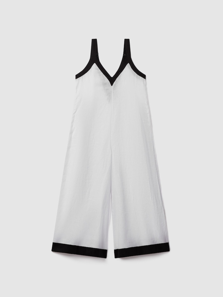 Reiss White/Navy Aida Linen Wide Leg Playsuit - Image 2 of 6