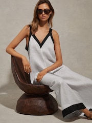 Reiss White/Navy Aida Linen Wide Leg Playsuit - Image 3 of 6