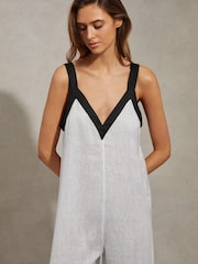Reiss White/Navy Aida Linen Wide Leg Playsuit - Image 4 of 6