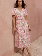 Roman Pink Floral Print Puff Sleeve Midi Dress - Image 1 of 4