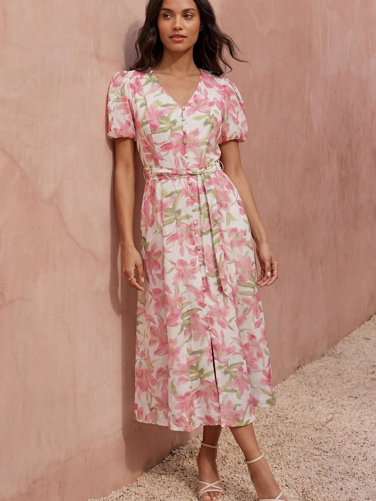 Roman Pink Floral Print Puff Sleeve Midi Dress - Image 1 of 4