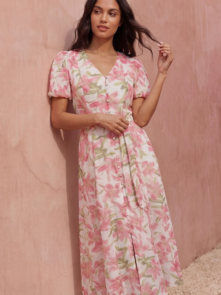 Roman Pink Floral Print Puff Sleeve Midi Dress - Image 2 of 4