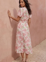 Roman Pink Floral Print Puff Sleeve Midi Dress - Image 3 of 4