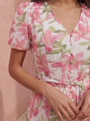 Roman Pink Floral Print Puff Sleeve Midi Dress - Image 4 of 4