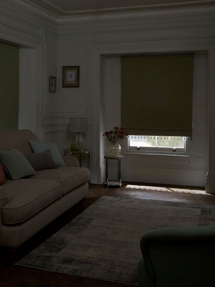 Sage Green Ready Made Blackout Roman Blind Textured Tassel Edge - Image 2 of 7
