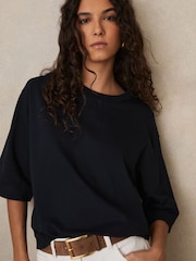 Reiss Navy Cassie Oversized Cotton Crew Neck T-Shirt - Image 3 of 6