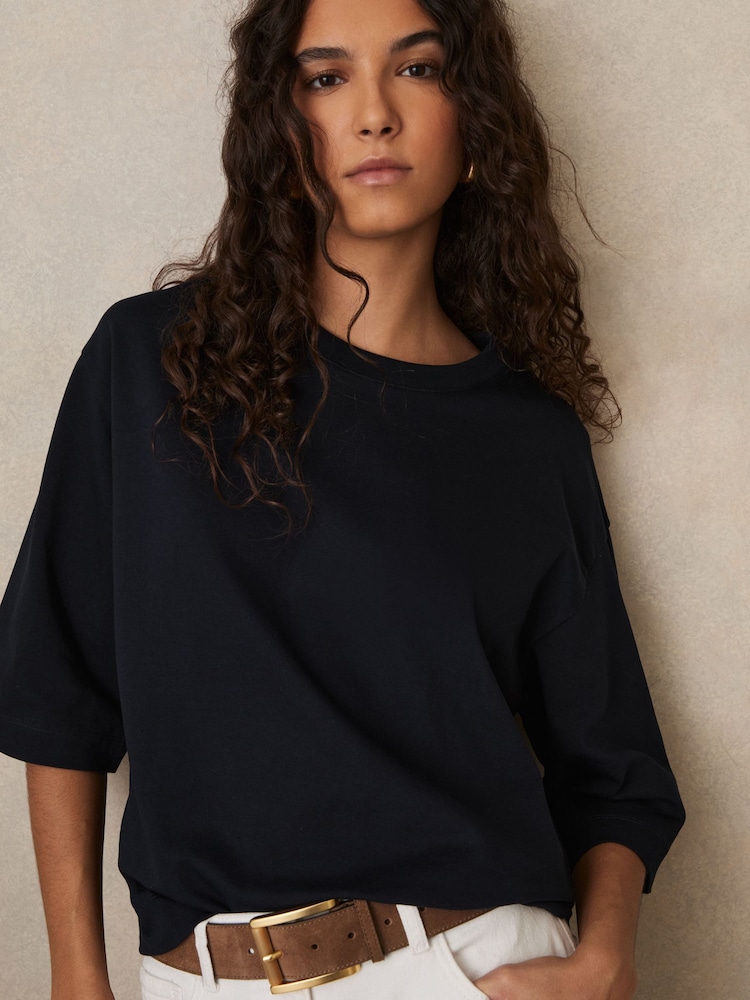 Reiss Navy Cassie Oversized Cotton Crew Neck T-Shirt - Image 3 of 6