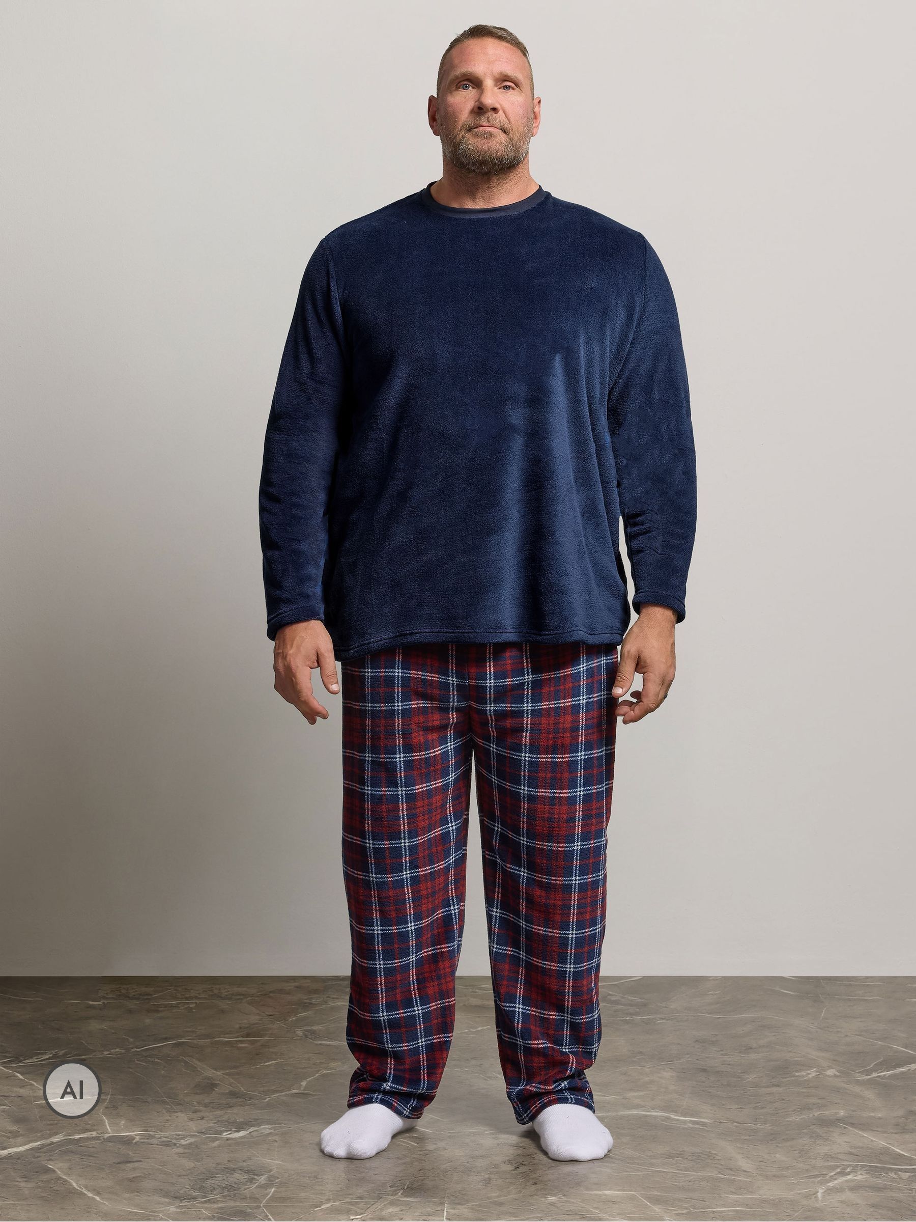 Badrhino Big & Tall Men's Blue Check Fleece Lounge Set - Image 1