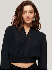 Superdry Blue 100% Cotton Long Sleeves Lace Trim Smocked Blouse - Image 1 of 3
