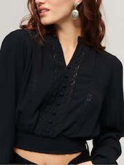 Superdry Blue 100% Cotton Long Sleeves Lace Trim Smocked Blouse - Image 3 of 3