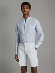 Reiss Light Blue Ocean Linen Grandad Collar Shirt - Image 1 of 5