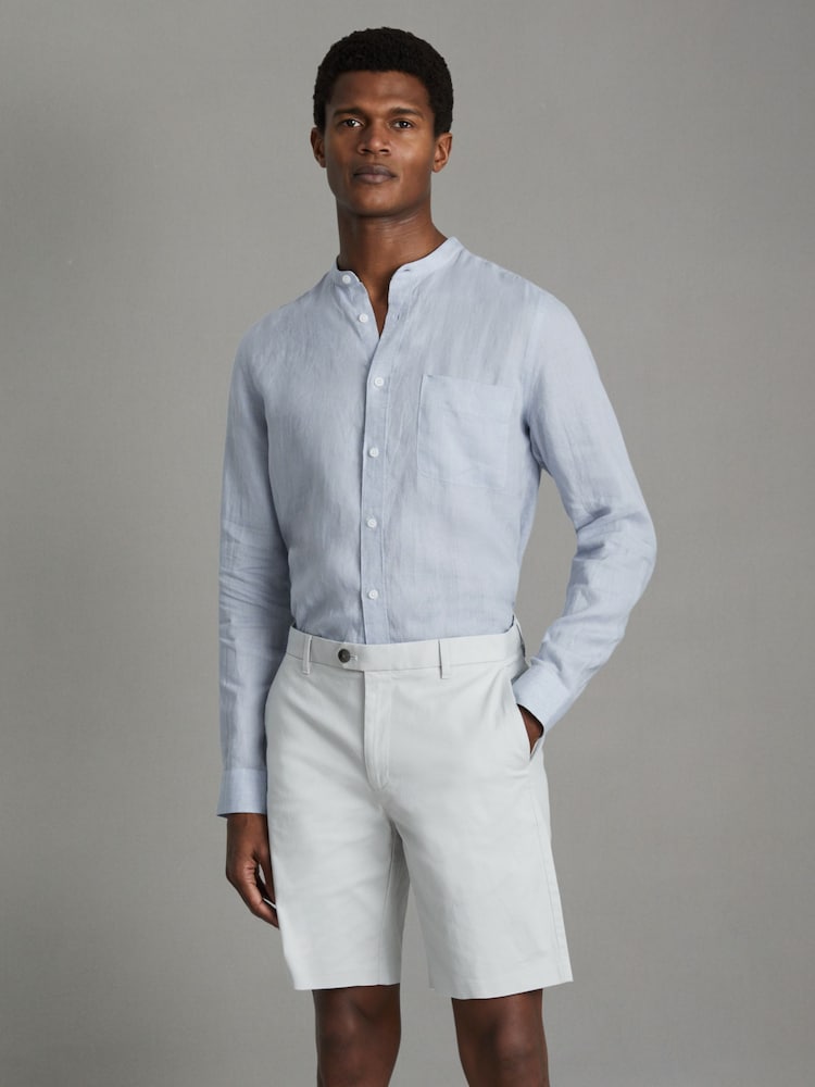 Reiss Light Blue Ocean Linen Grandad Collar Shirt - Image 1 of 5
